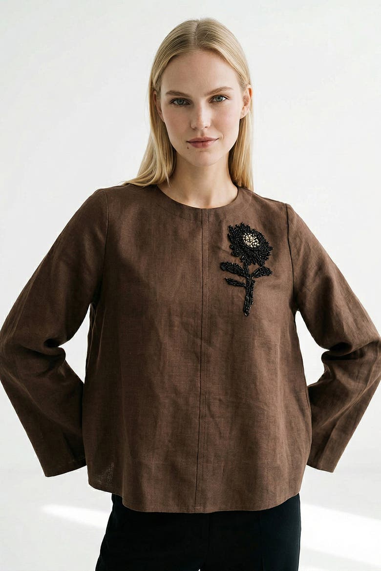 Fifine Long Sleeve Linen Blouse, Alternate, color, Brown