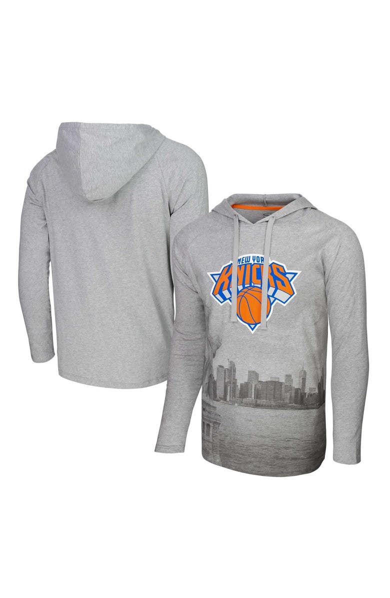 Stadium Essentials Men's Stadium Essentials Heather Gray New York Knicks Atrium Raglan Long Sleeve Hoodie T-Shirt, Main, color, 