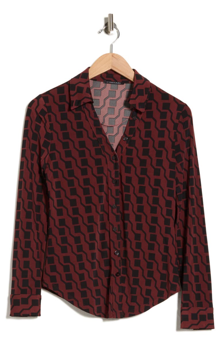T Tahari Print Long Sleeve Knit Button-Up Shirt, Alternate, color, Cordovan/Black Geometric Print