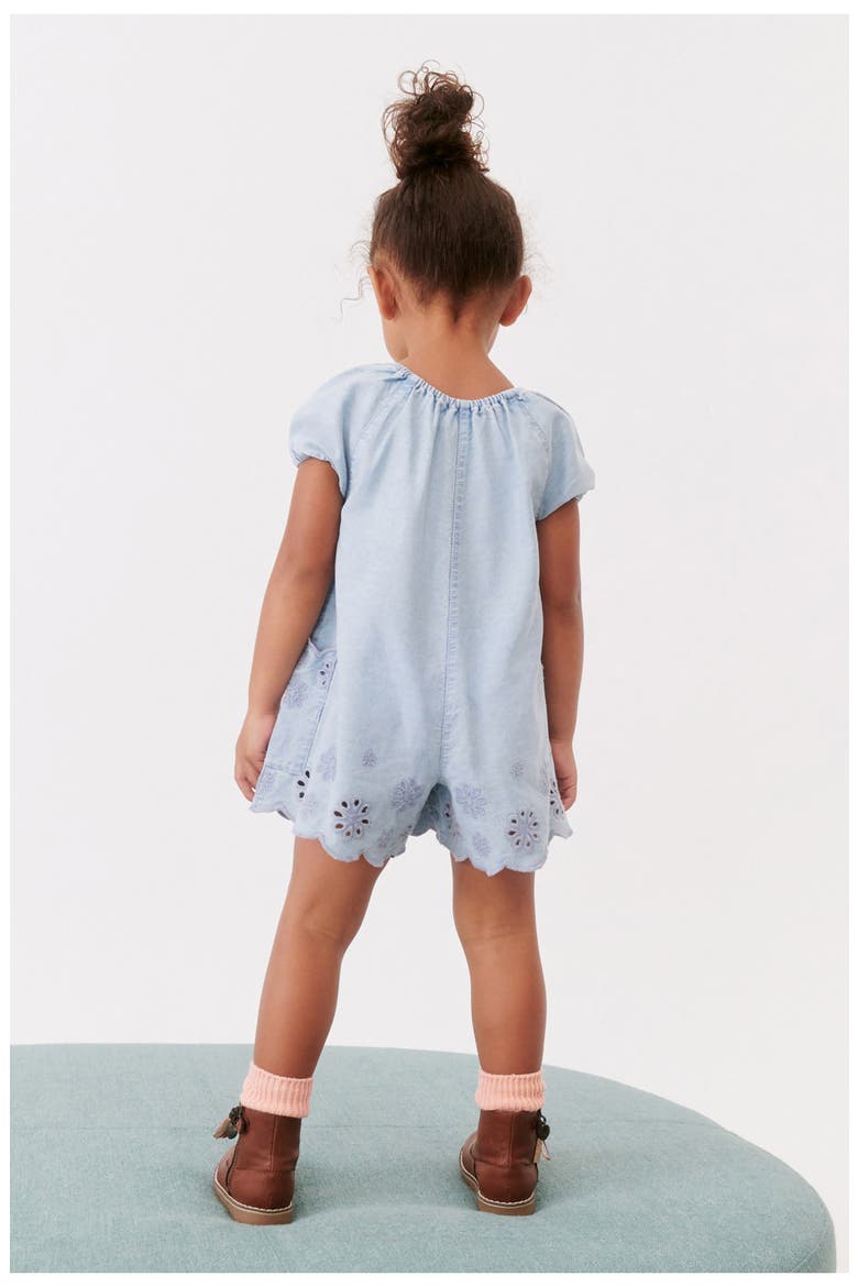 Kids' Eyelet Cotton Denim Romper, Alternate, color, BLUE DENIM