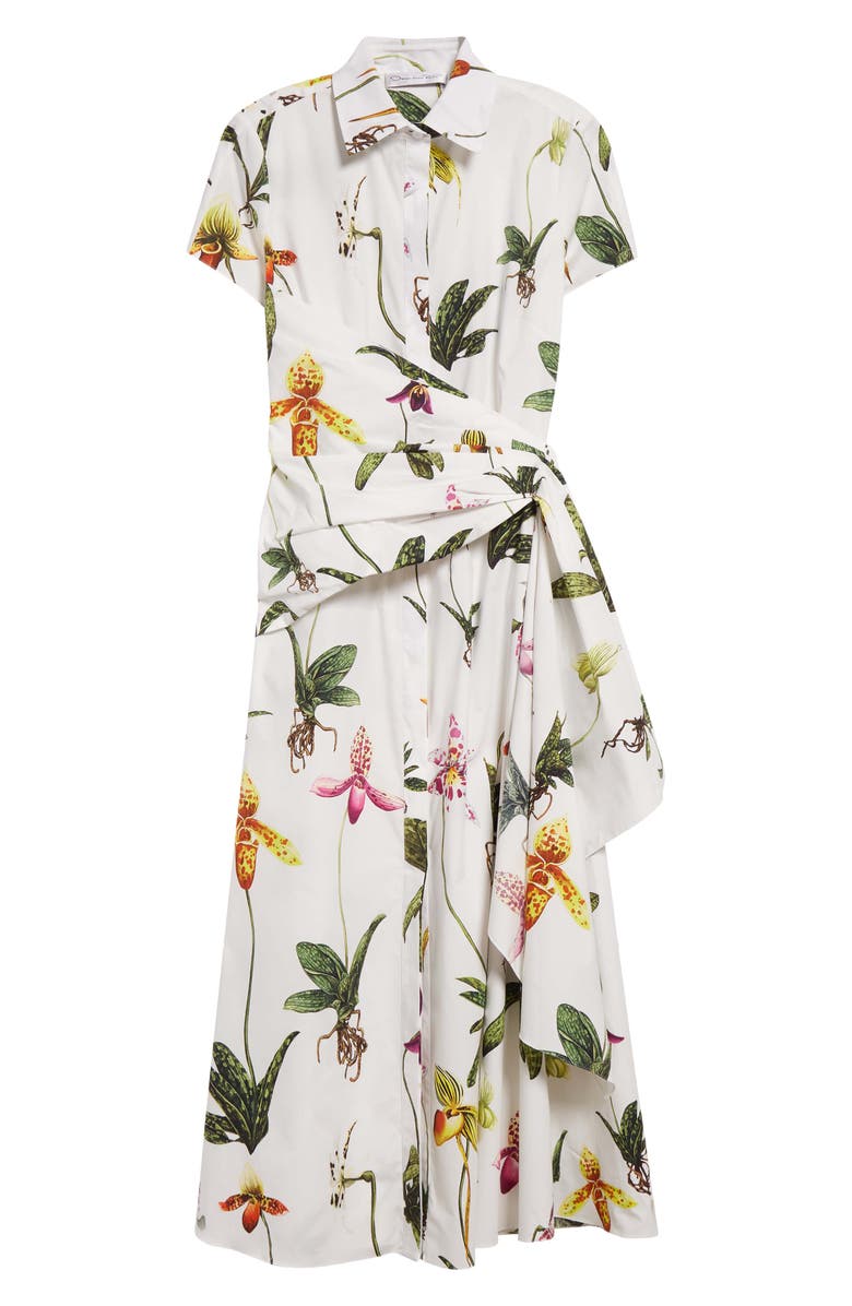 Oscar de la Renta Orchids Cap Sleeve Stretch Cotton Poplin Shirtdress, Alternate, color,
