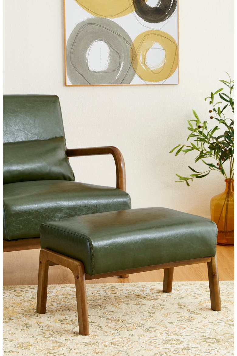 Mid-century Modern Faux Leather Accent Stool with Walnut Rubberwood Legs, Alternate, color, Green