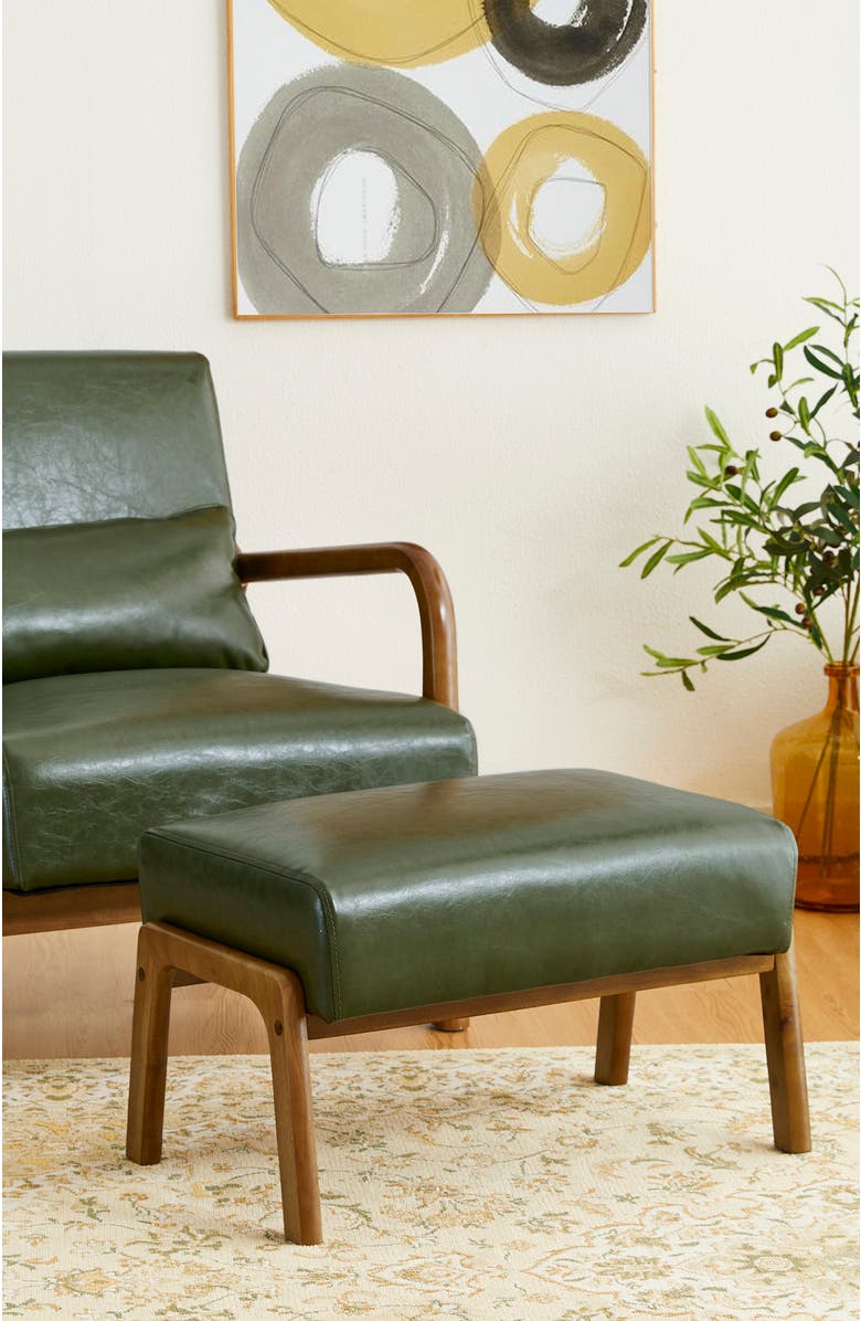 Glitzhome Mid-century Modern Faux Leather Accent Stool with Walnut Rubberwood Legs, Alternate, color, Green