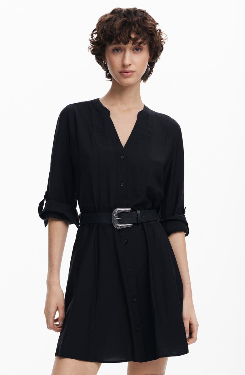 Desigual Long Sleeve Mini Shirtdress, Alternate, color, Black