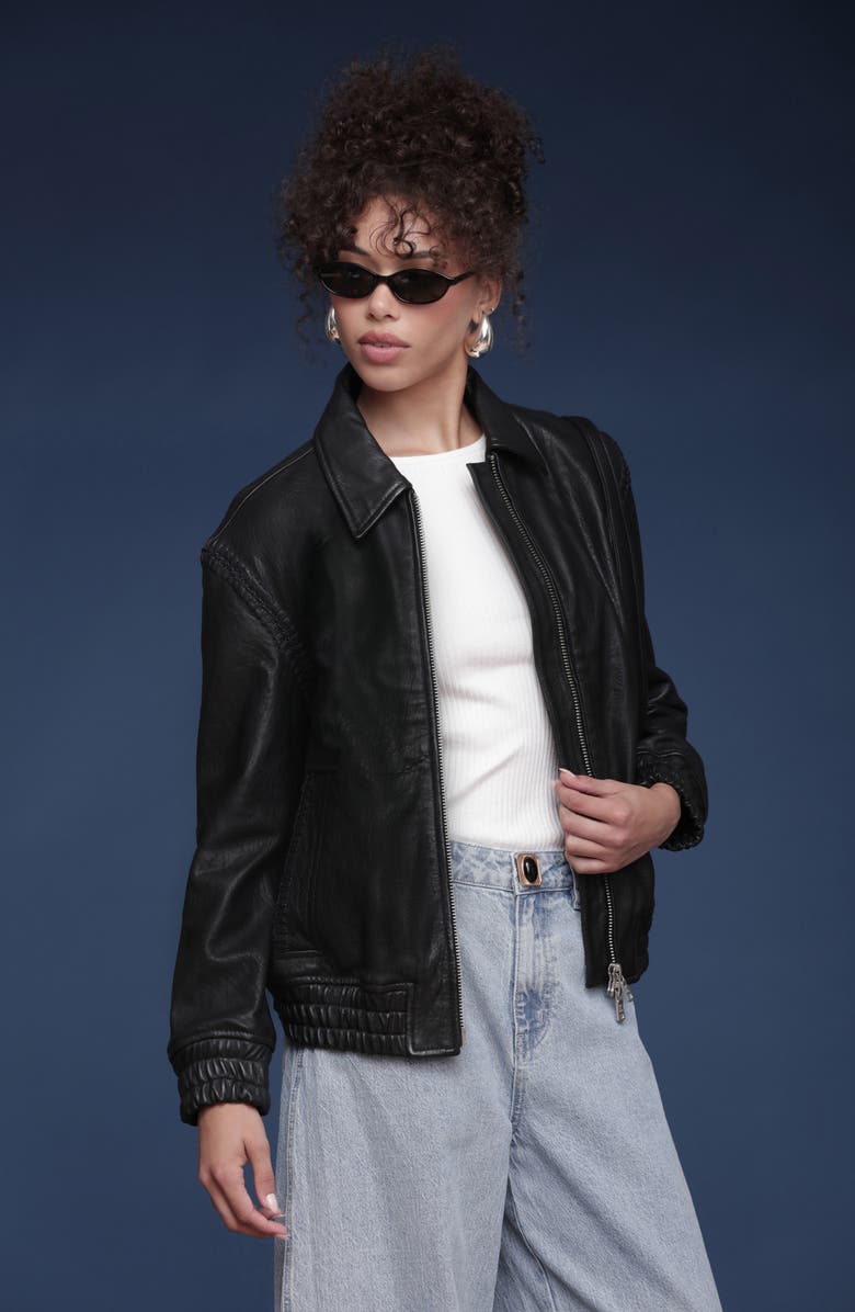 Avec Les Filles Leather Bomber Jacket with Embroidered Trim, Alternate, color, Black