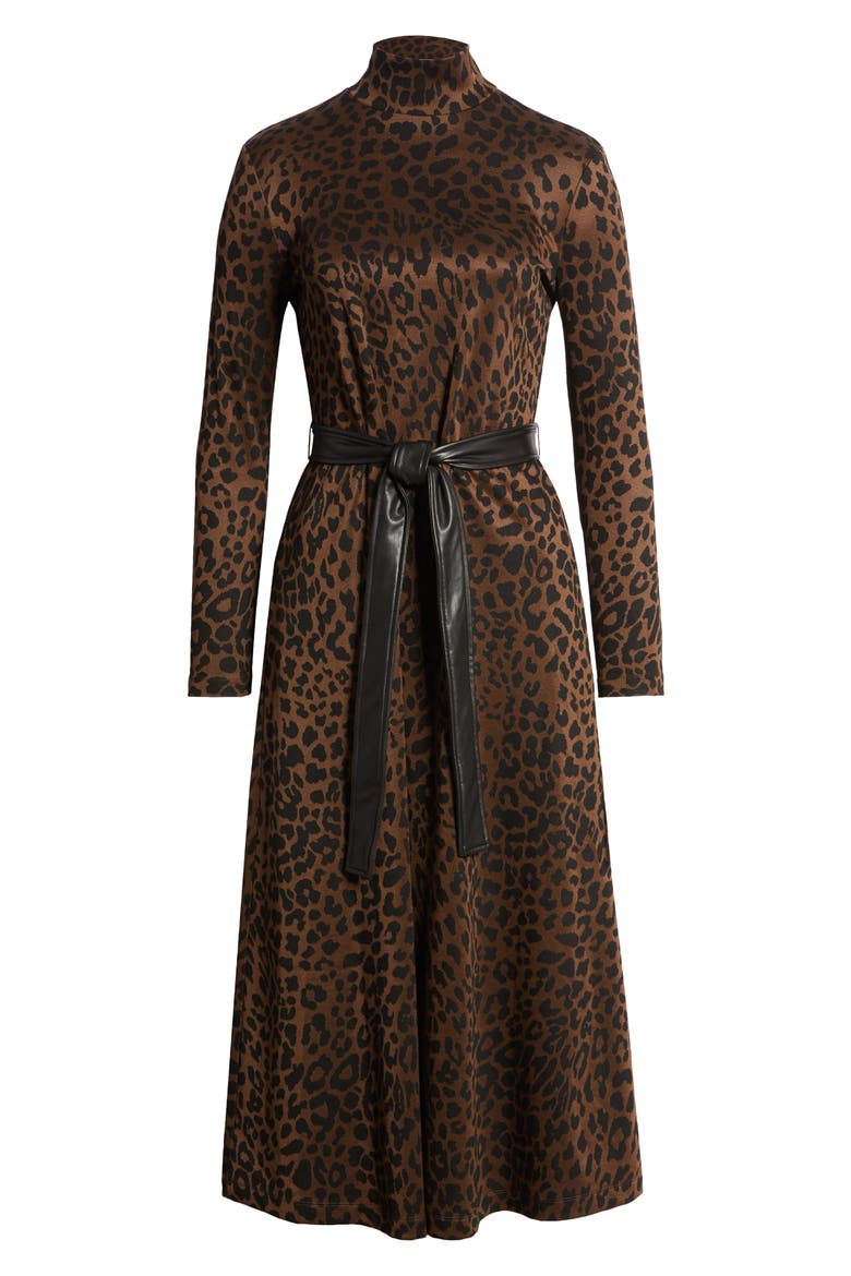 Long Sleeve Mock Neck Leopard Print Tie Waist Dress, Alternate, color, ESPRESSO/ ANNE BLACK