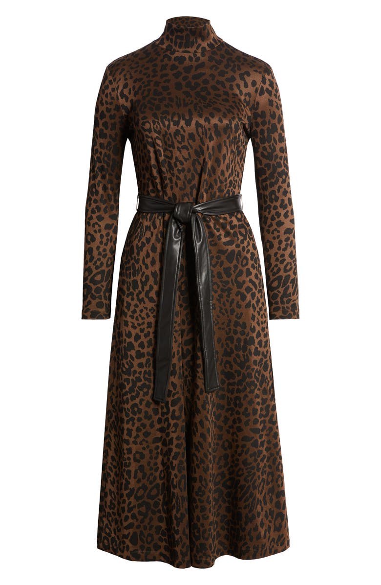 Anne Klein Long Sleeve Mock Neck Leopard Print Tie Waist Dress, Alternate, color, 