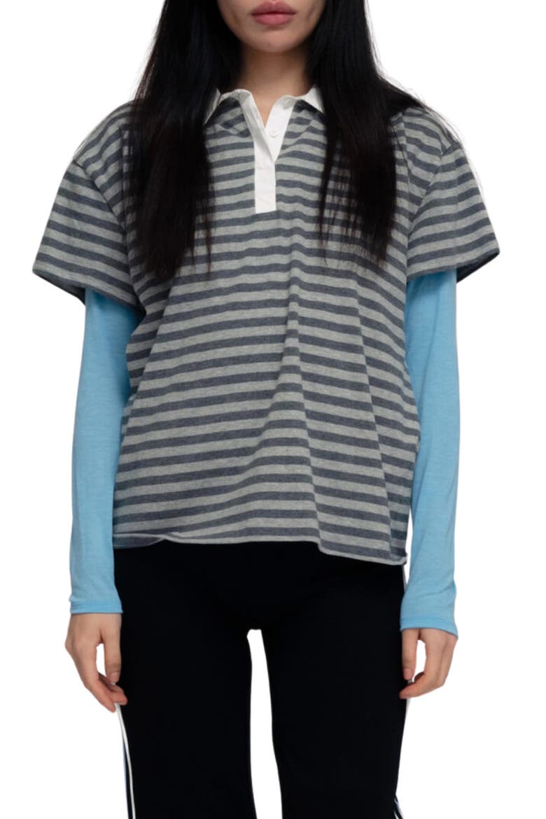 Wooju Layered Sleeve Polo T-Shirt, Main, color, HEATHER GRAY