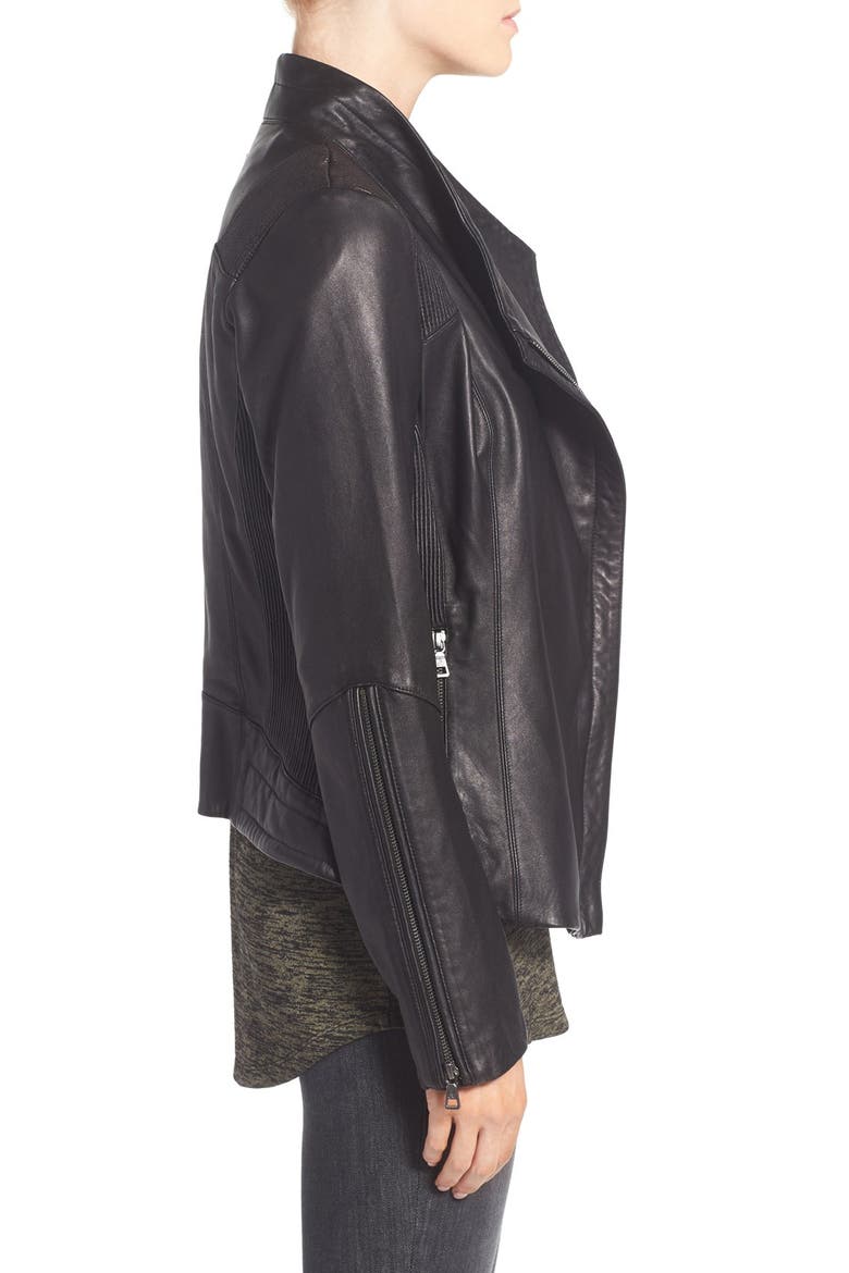 Pintucked Leather Jacket, Alternate, color, BLACK