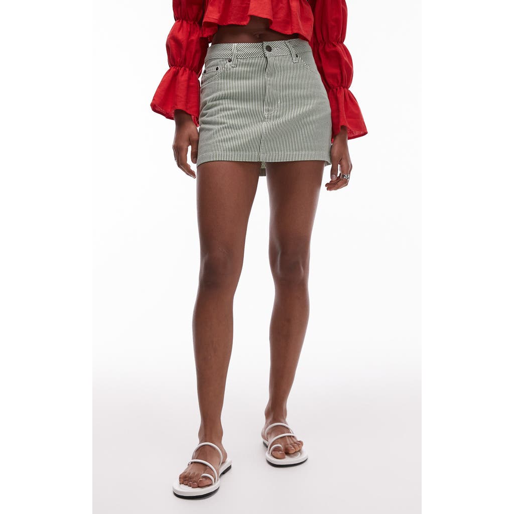 Topshop Stripe Denim Miniskirt In Mid Green