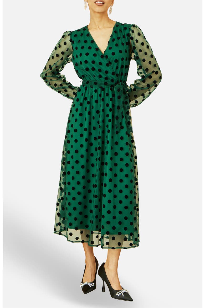 Spot Mesh Wrap Midi Skater Dress, Alternate, color, Green
