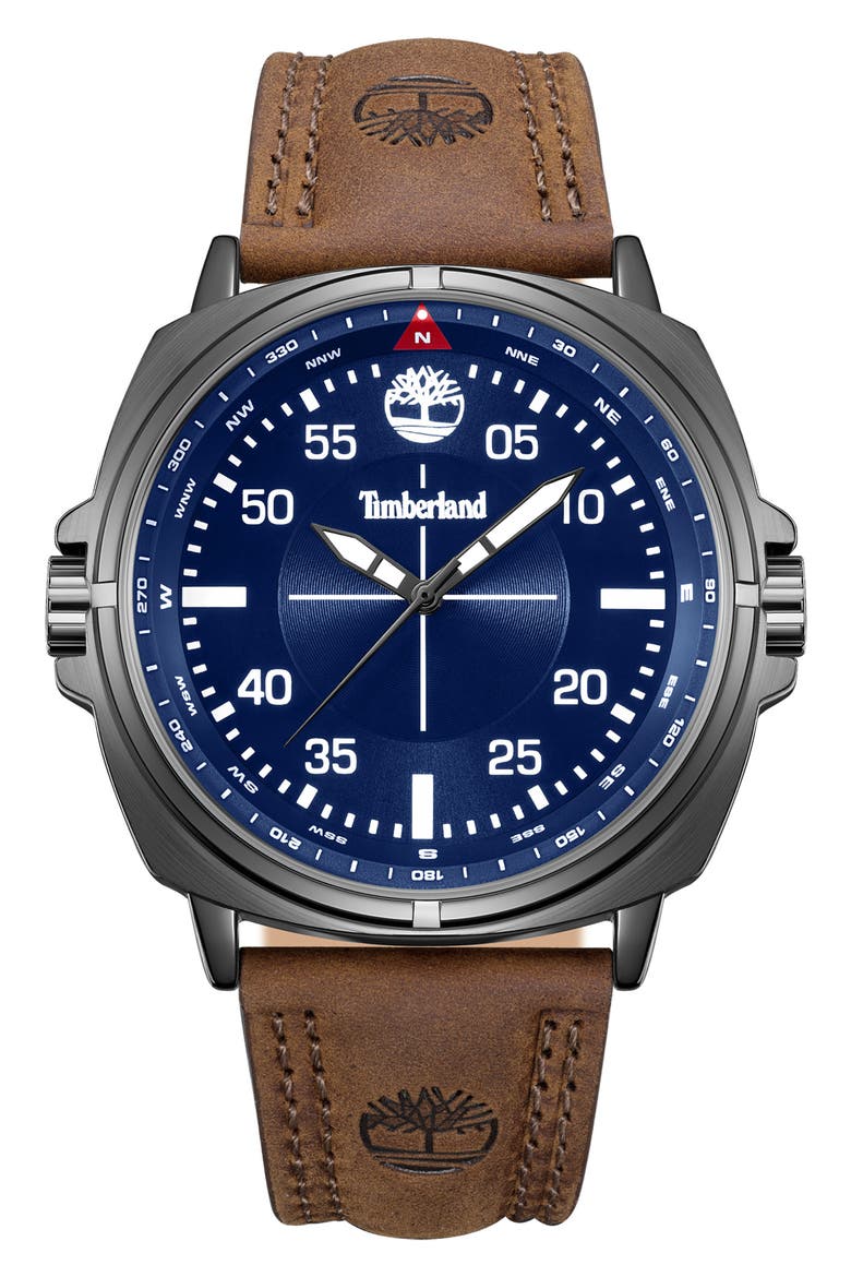 Williston Leather Strap Watch, 48mm, Main, color, DARK BROWN/ BLUE