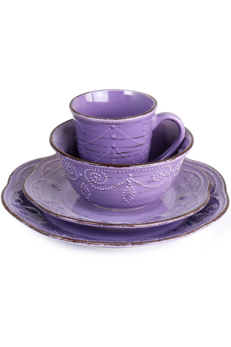 Rustic Birch 16 Piece Stoneware Dinnerware Set, Alternate, color, Purple
