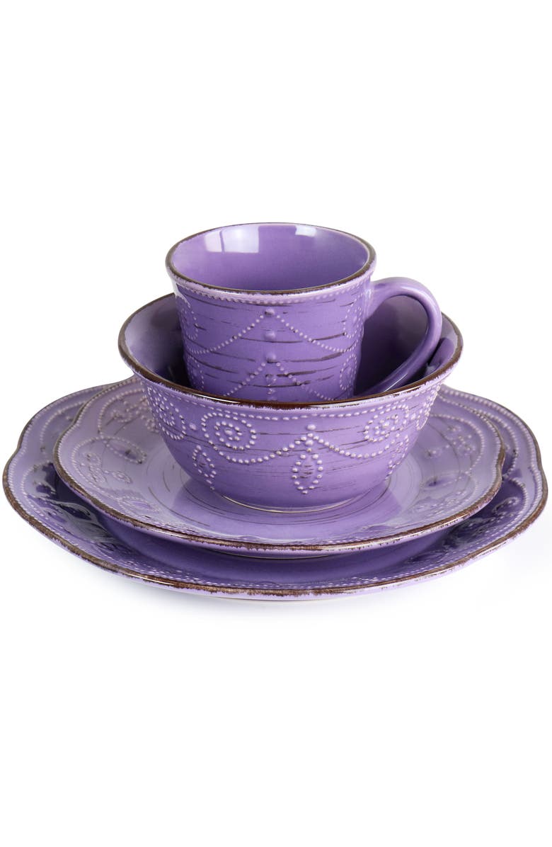 Elama Rustic Birch 16 Piece Stoneware Dinnerware Set, Alternate, color, Purple