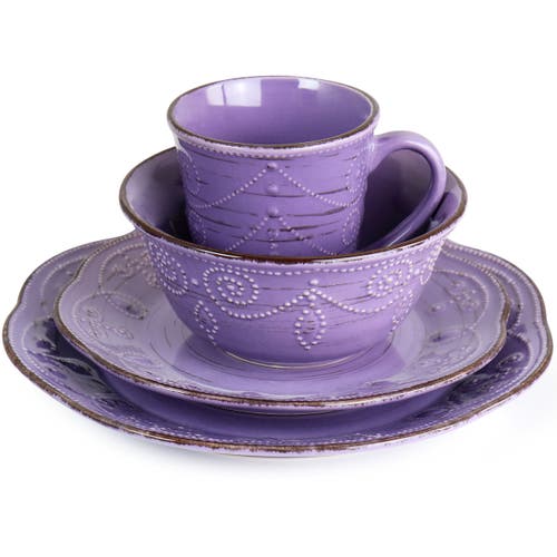 Elama Rustic Birch 16 Piece Stoneware Dinnerware Set In Purple