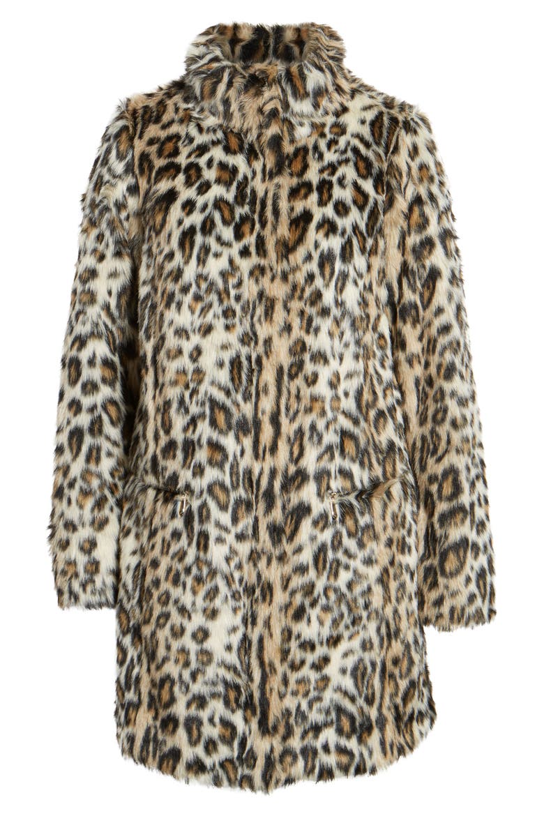 Leopard Print Faux Fur Funnel Coat, Alternate, color, LEOPARD