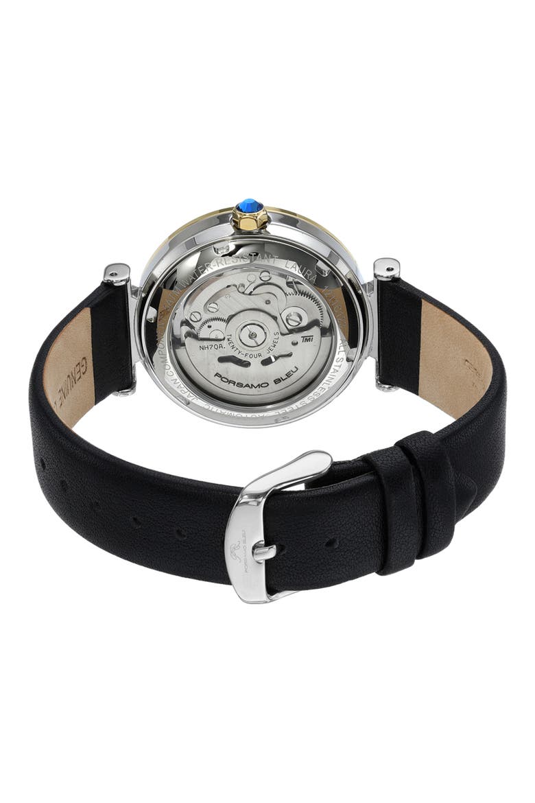 Laura White Topaz Automatic Leather Strap Watch, 36mm, Alternate, color, BLACK MULTI