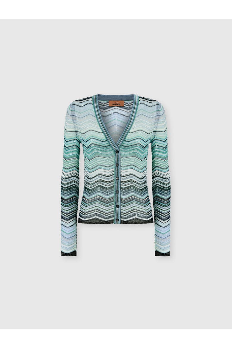 Cardigan In Viscose Chevron Lamé With Sequins, Main, color, Turquoise