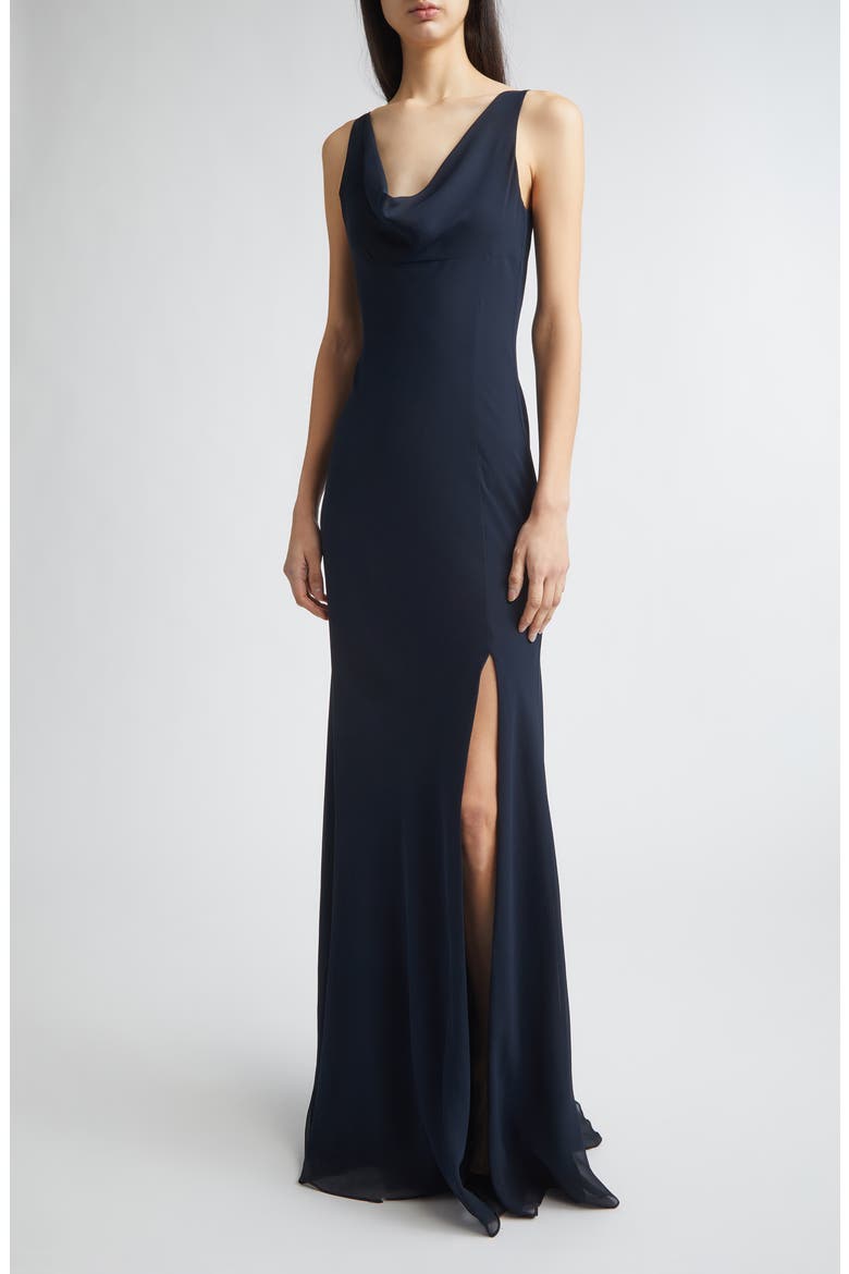 Plunging Cowl Georgette Gown, Alternate, color, ULTRA NAVY