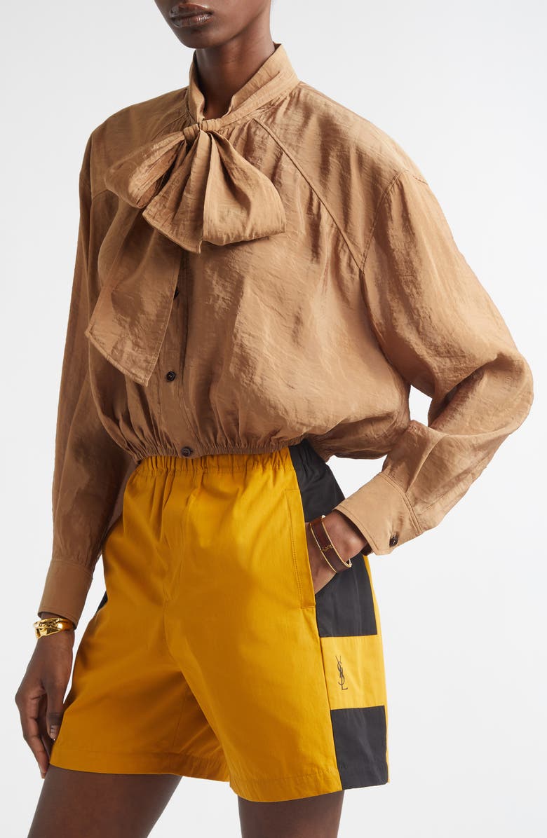 Saint Laurent Gathered Taffeta Tie Neck Top, Alternate, color, Caramel