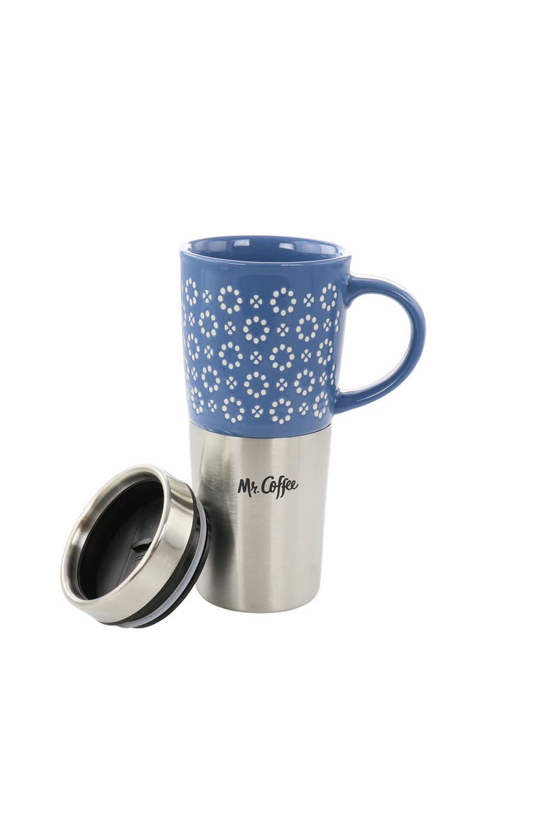 Travertine 16 Ounce Stoneware and Stainless Steel Travel Mug With Lid, Alternate, color, Blue