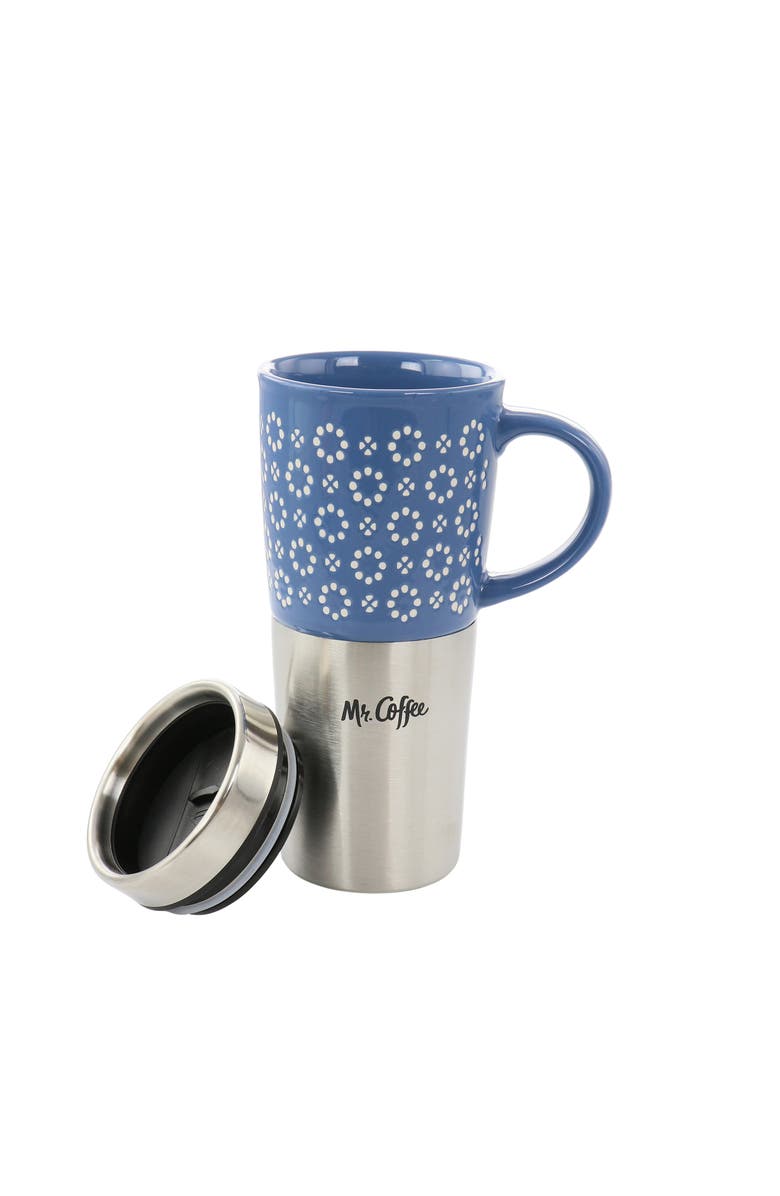 Mr. Coffee Travertine 16 Ounce Stoneware and Stainless Steel Travel Mug With Lid, Alternate, color, Blue