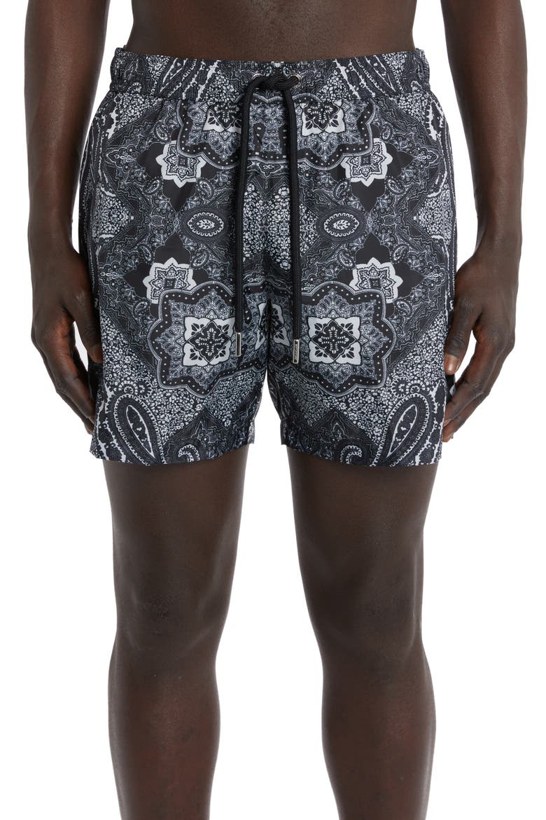 Bandana Print Swim Trunks, Main, color, BLACK