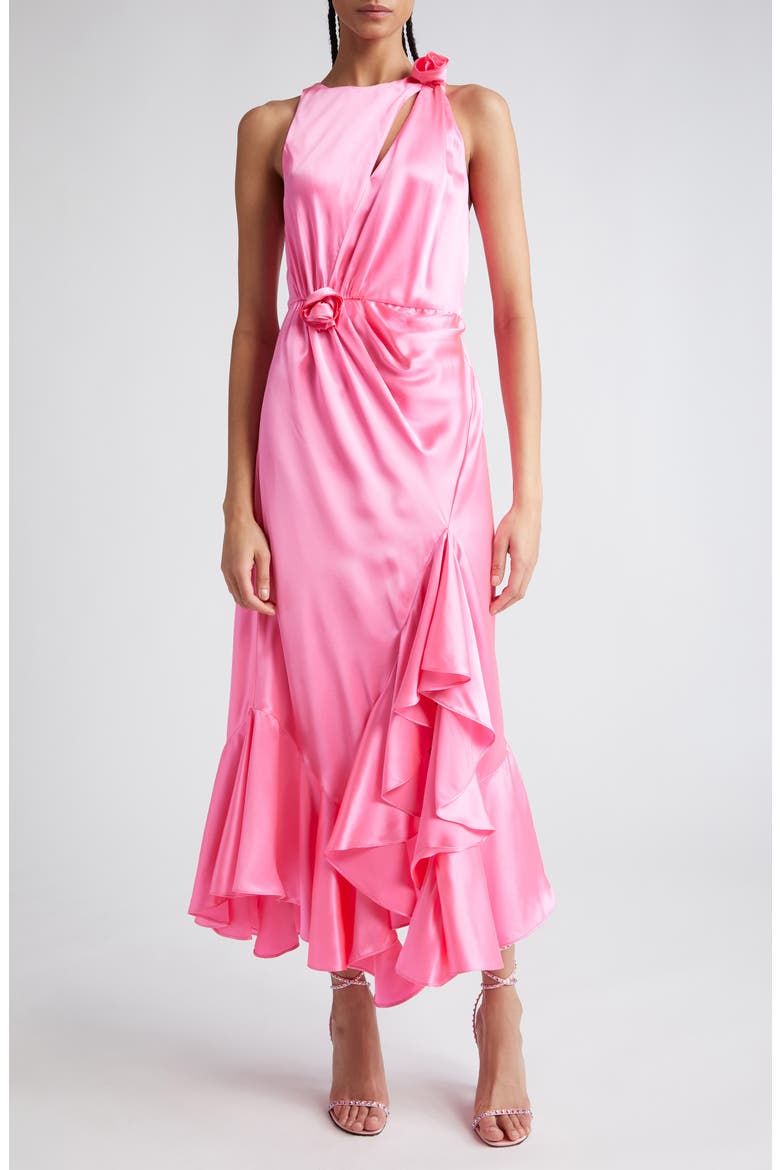 Cates Rosette & Ruffle Detail Silk Dress, Alternate, color, ELECTRIC PINK
