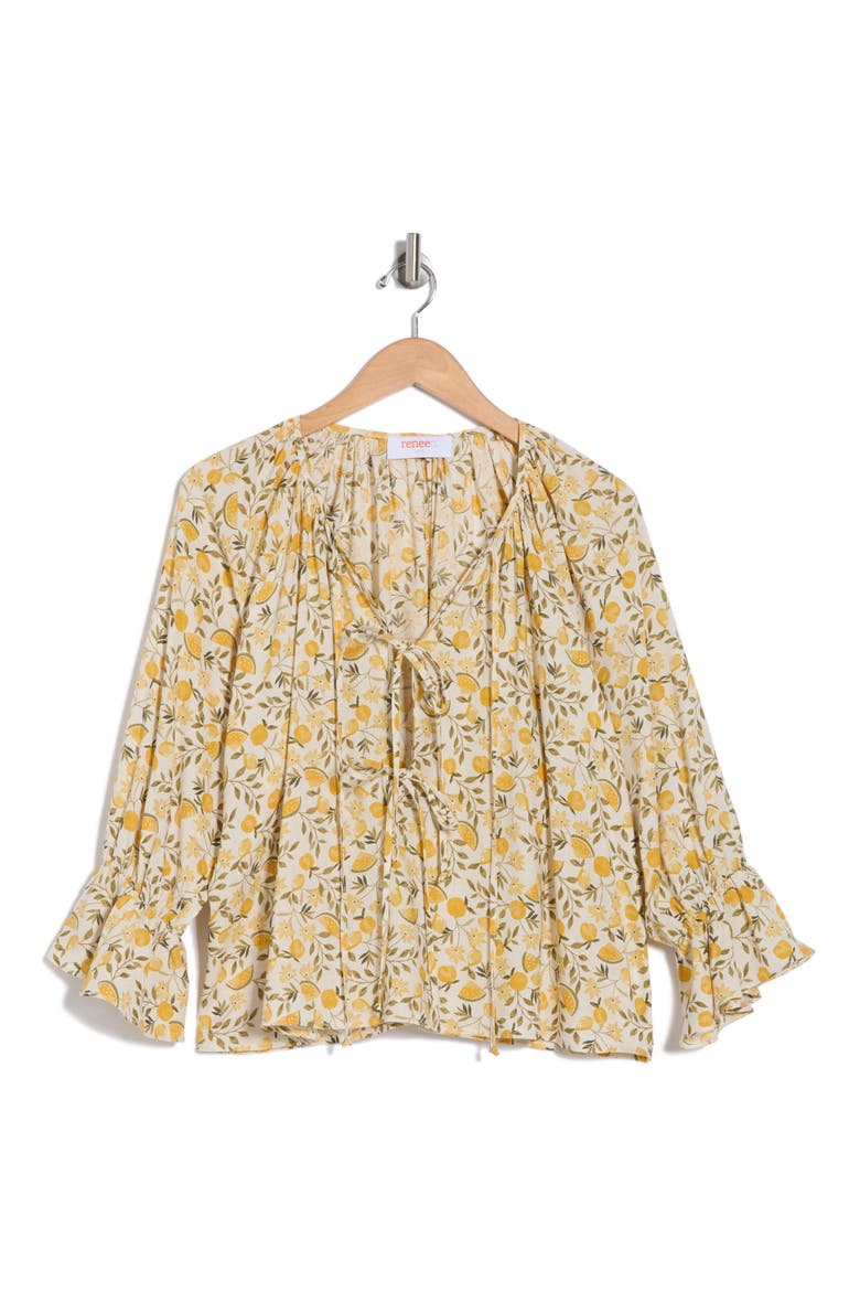 Lemon Print Tie Front Long Sleeve Top, Alternate, color, TAUPE
