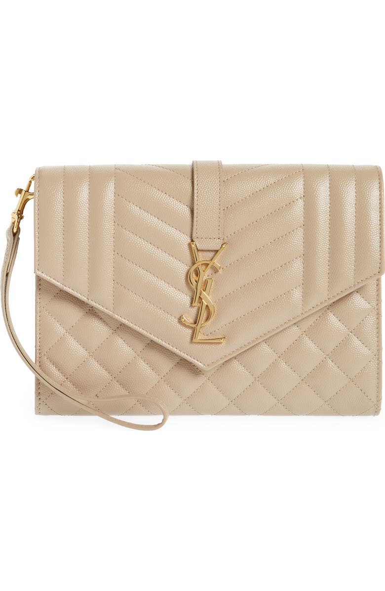 Saint Laurent Monogram Matelassé Leather Clutch, Main, color, Beige
