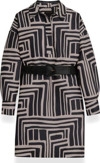 Abstract Print Long Sleeve Belted Shirtdress