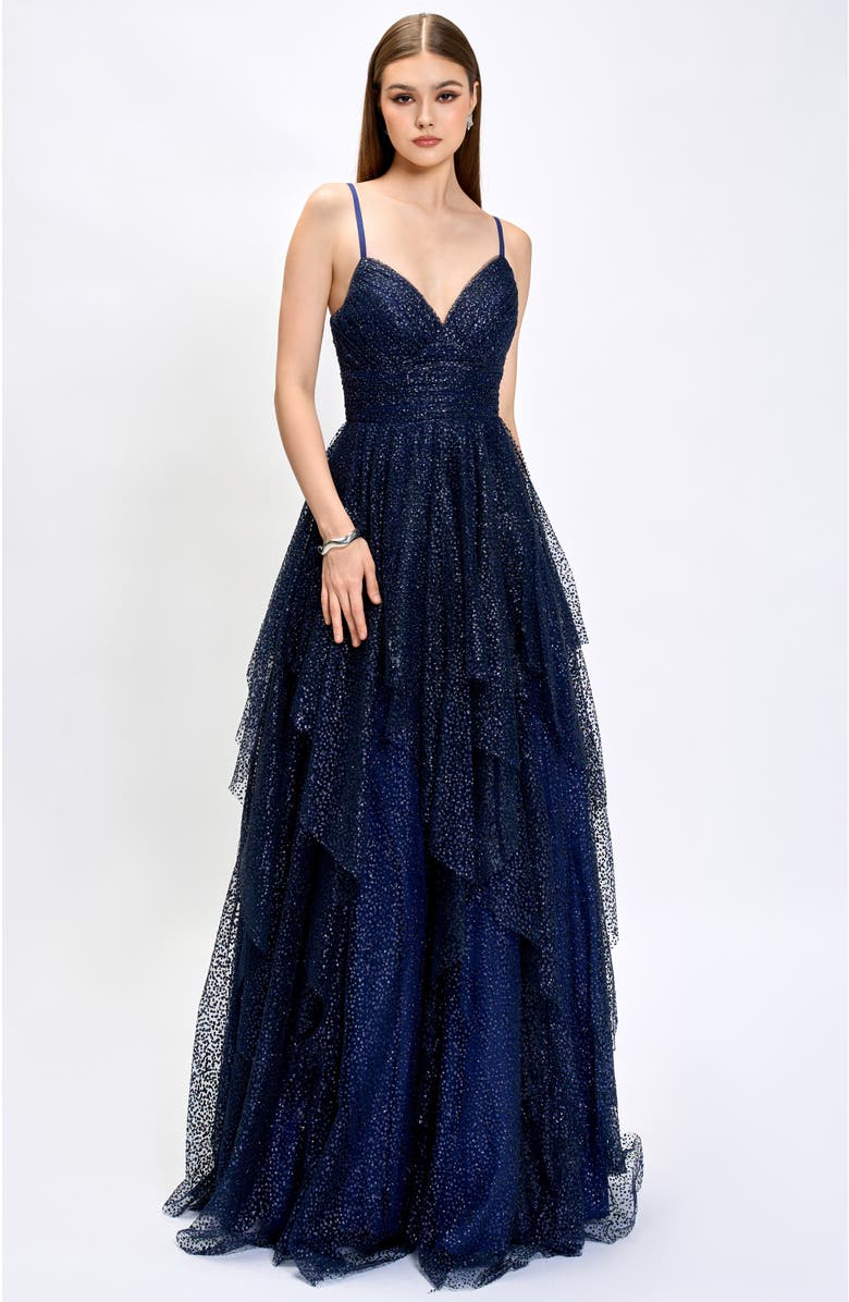 Bariano Brylee Glitter Ball Gown, Alternate, color, Navy