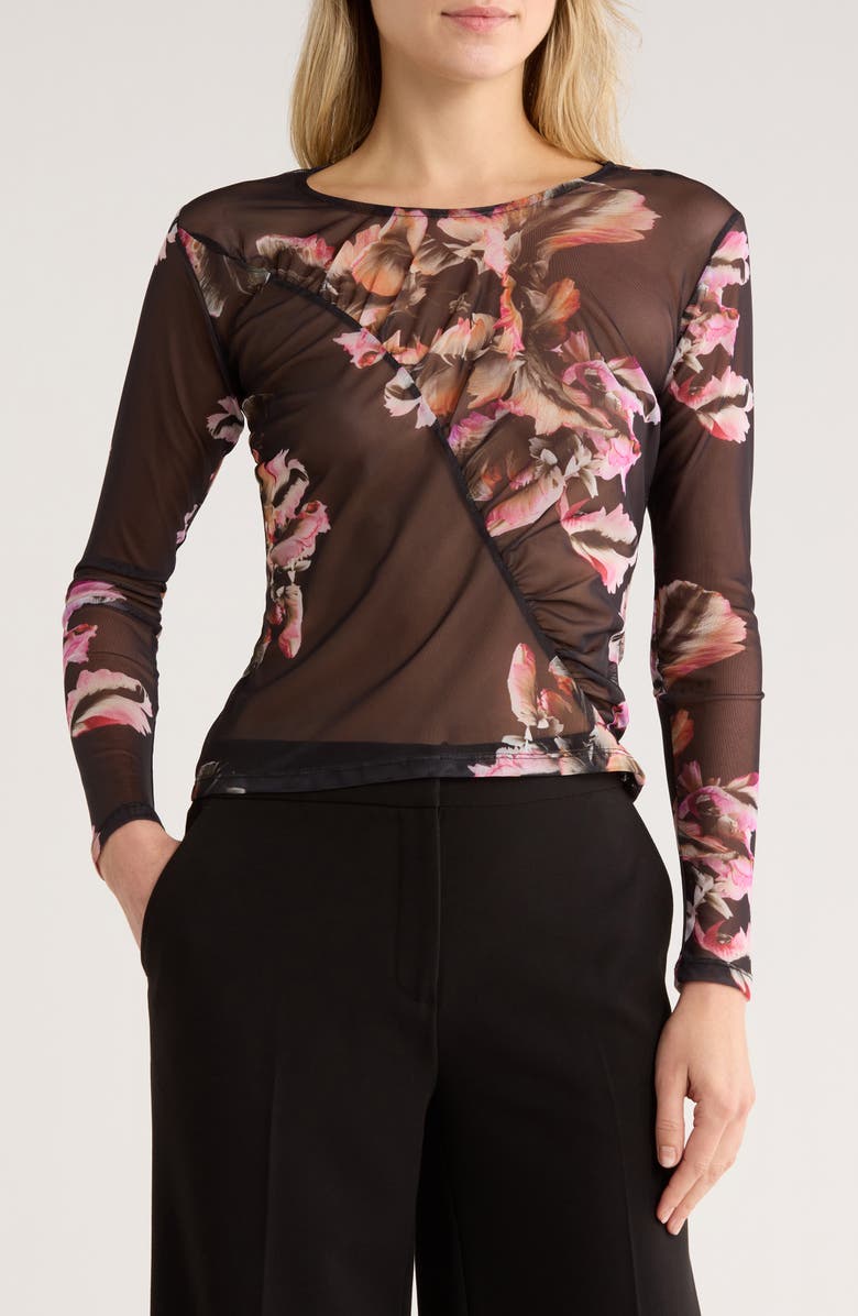 AllSaints Elia Ruched Long Sleeve Mesh Top, Main, color, Monica Petal Pink