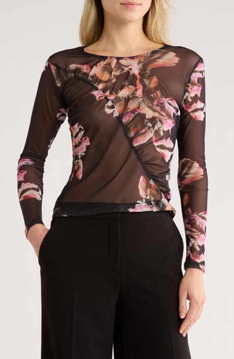 AllSaints Elia Ruched Long Sleeve Mesh Top