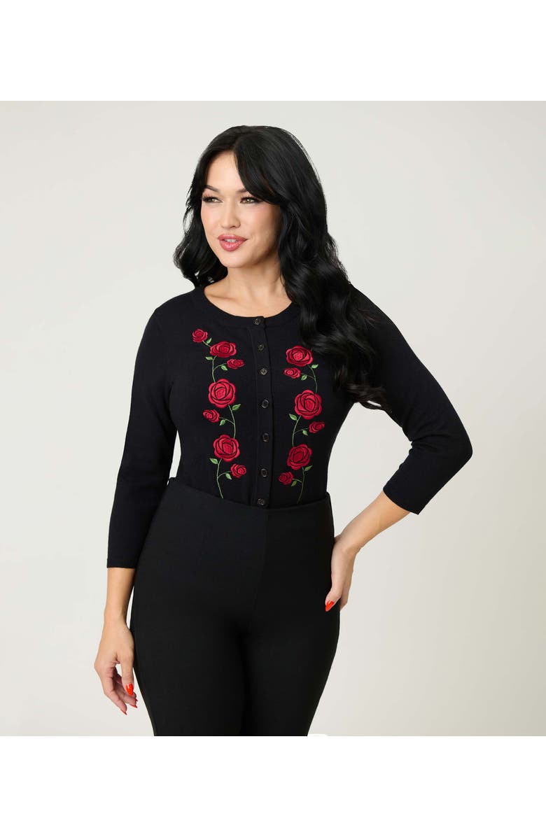 Unique Vintage Bookworm Cardigan, Main, color, Black W/ Red Roses