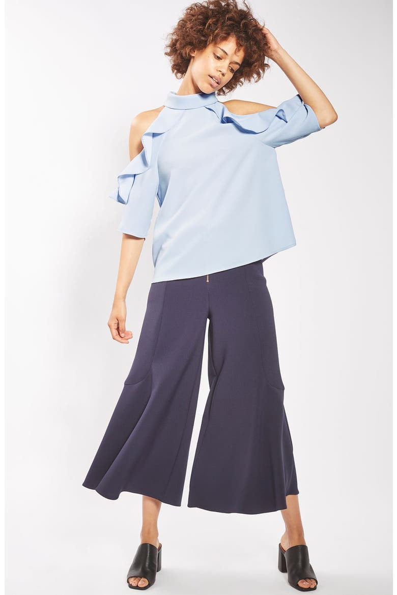 Ruffle Cold Shoulder Top, Alternate, color, BLUE