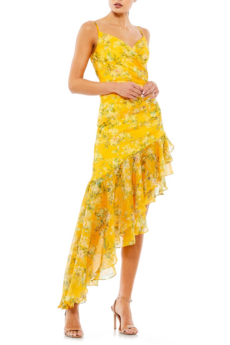 Floral Ruffle Asymmetrical Hi Low Hem Dress, Main, color, YELLOW MULTI