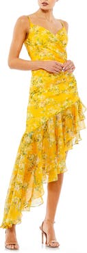 Ieena for Mac Duggal Floral Ruffle Asymmetrical Hi Low Hem Dress