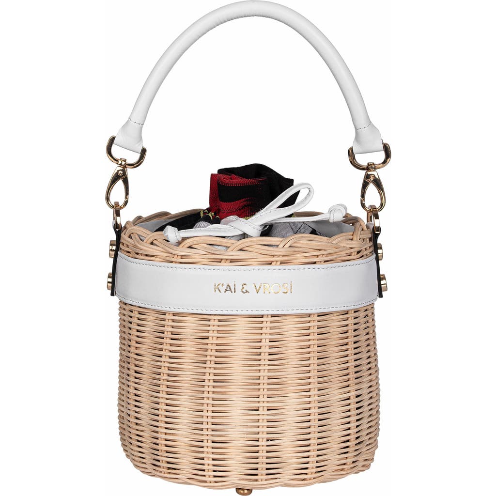 K'Ai & Vrosi Leather & Straw Bucket Bag with Drawstring in White  product