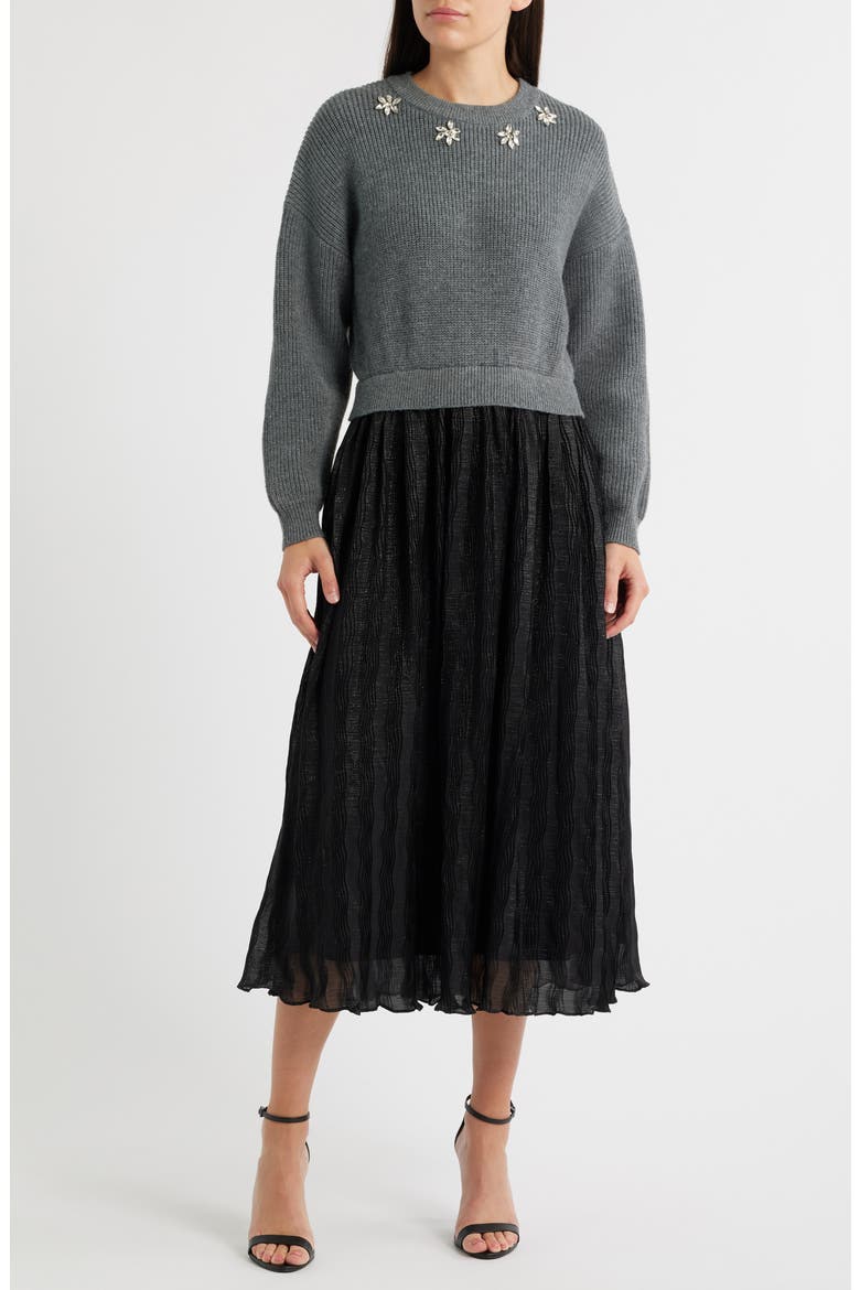 Mixed Media Embellished Long Sleeve Sweater Dress, Main, color, GREY/ BLACK