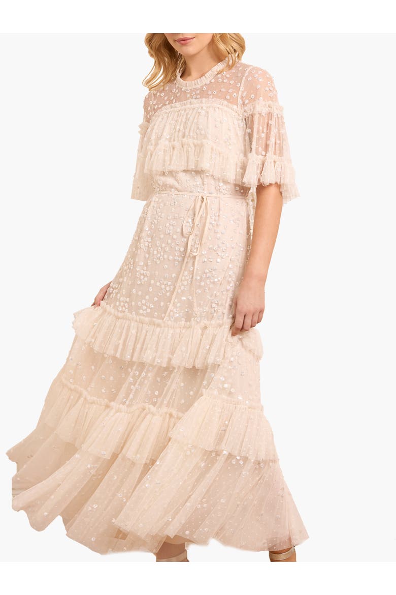 Leila Dot Tiered Cape Ankle Gown, Main, color, Cream