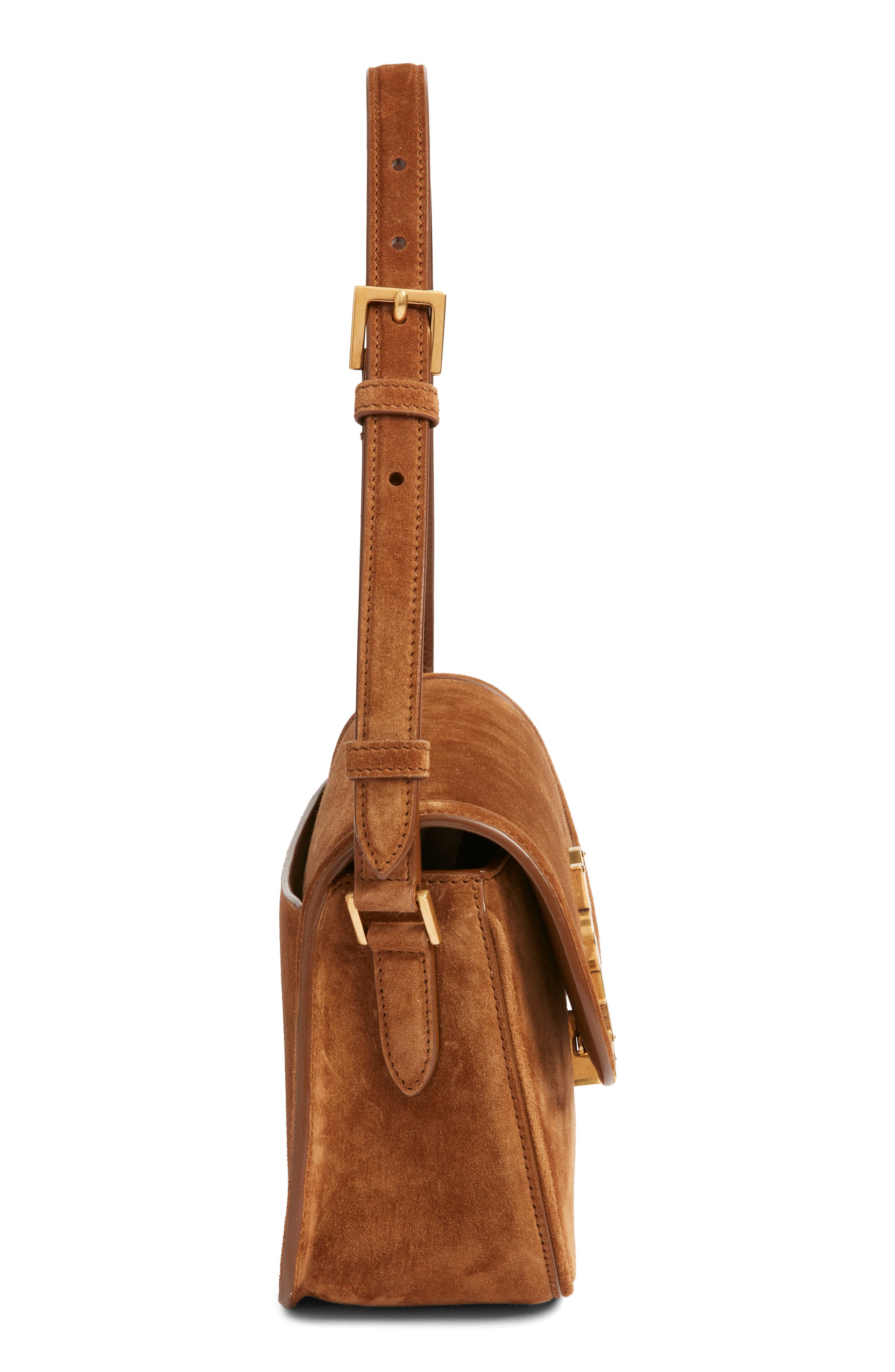 Saint Laurent Medium Solferino Suede Shoulder Bag, Alternate, color, Caramel Cognac