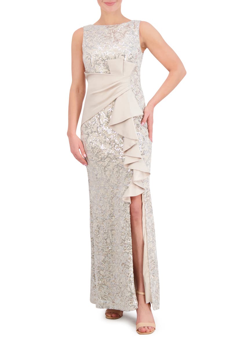Eliza J Sequin Ruffle Sleeveless Lace Trumpet Gown, Main, color, Champagne