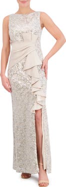Eliza J Sequin Ruffle Sleeveless Lace Trumpet Gown