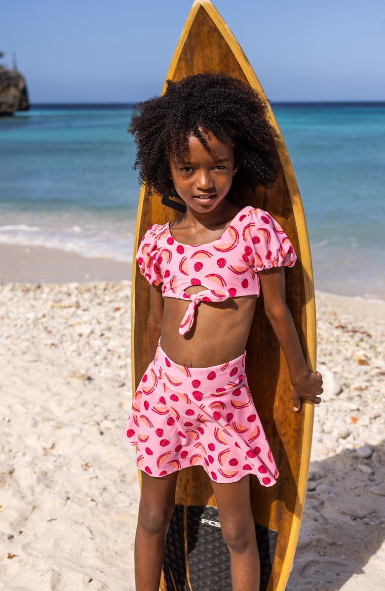 Snapper Rock Kids' Berry Sweet Puff Sleeve Knot Front Two-Piece Swimsuit, Alternate, color, Pink