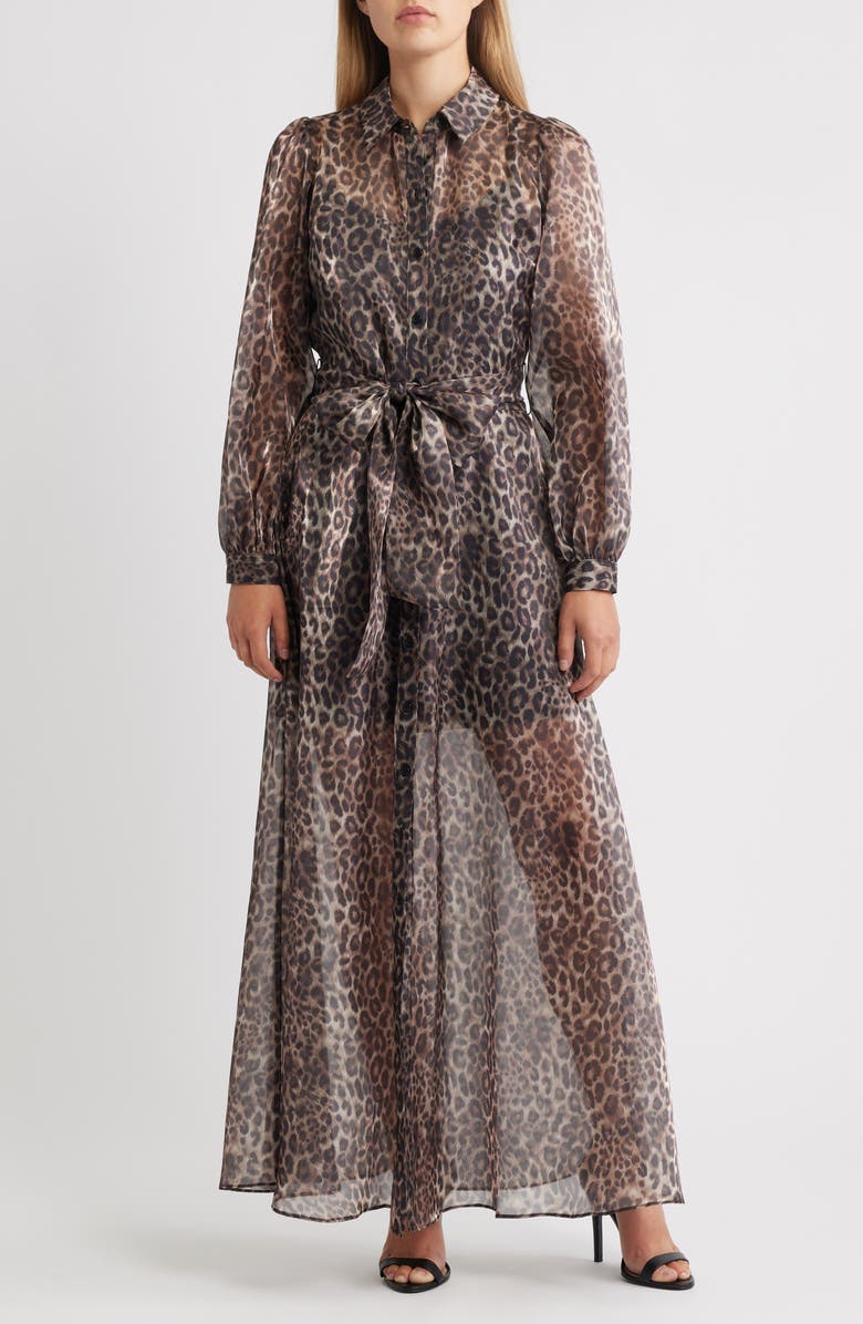 Julia Jordan Tie Belt Long Sleeve Maxi Shirtdress, Main, color, Brown Black