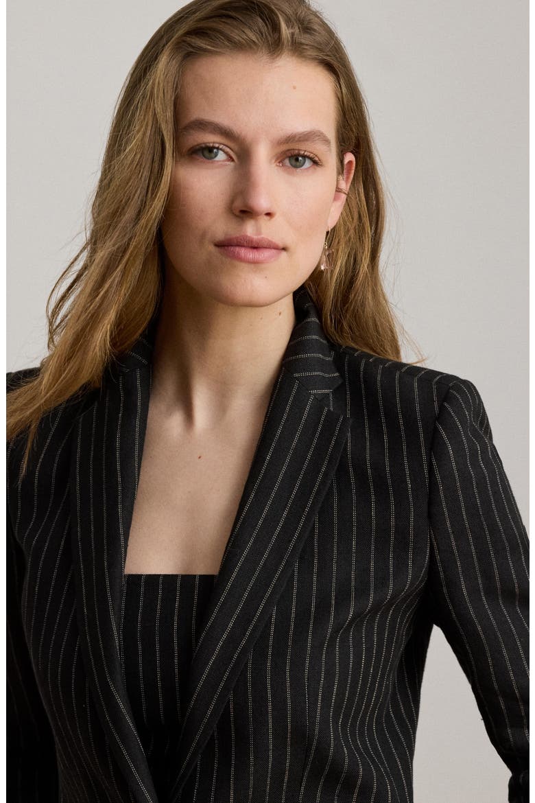 Pinstripe Linen Blazer, Alternate, color, BLACK/ BEIGE