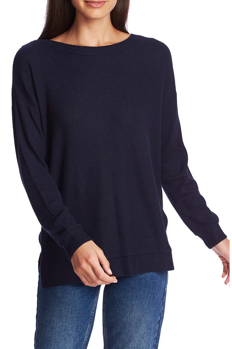 Lattice V-Back Waffle Weave Sweater, Main, color, BLUE NIGHT