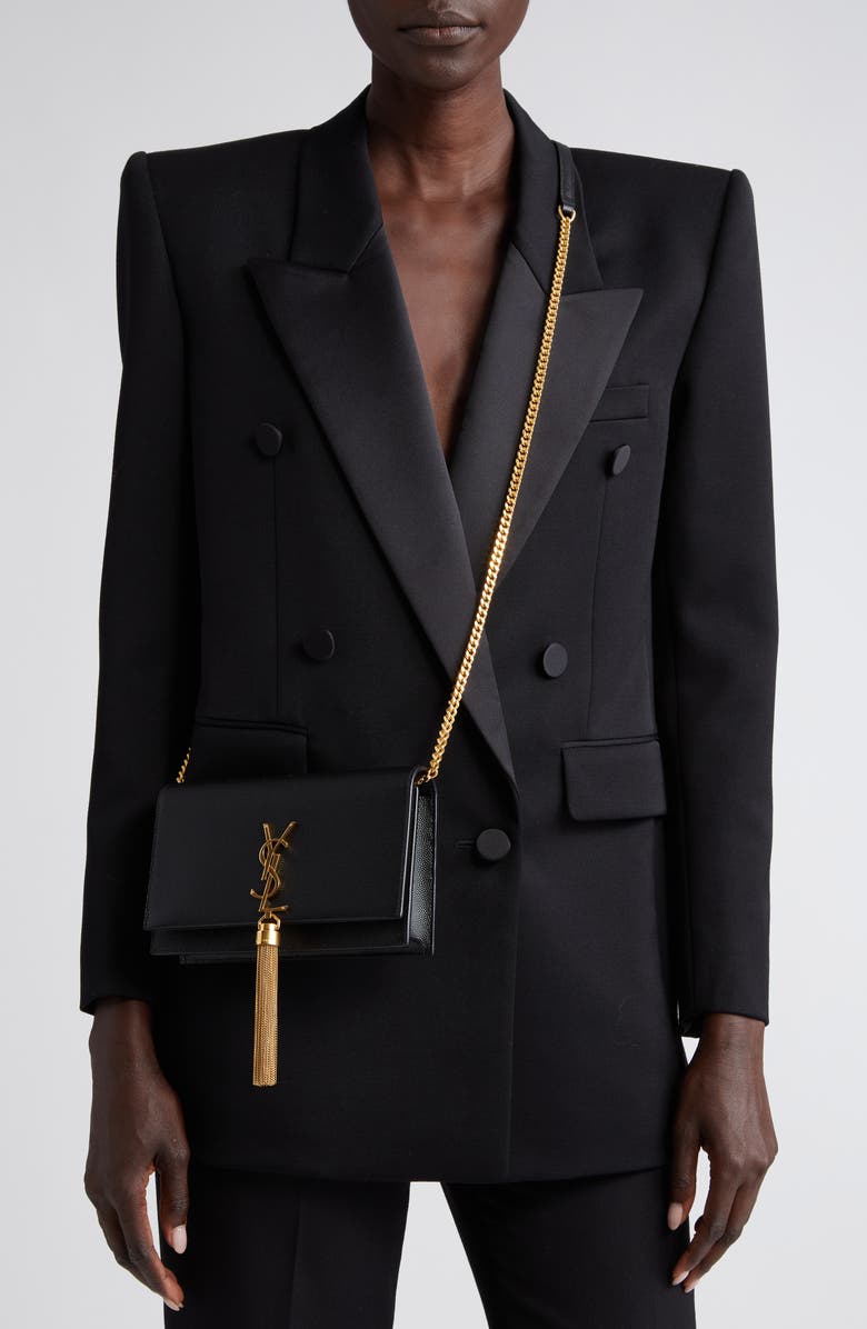 Saint Laurent Cassandre Kate Tassel Leather Wallet on a Chain, Alternate, color, 