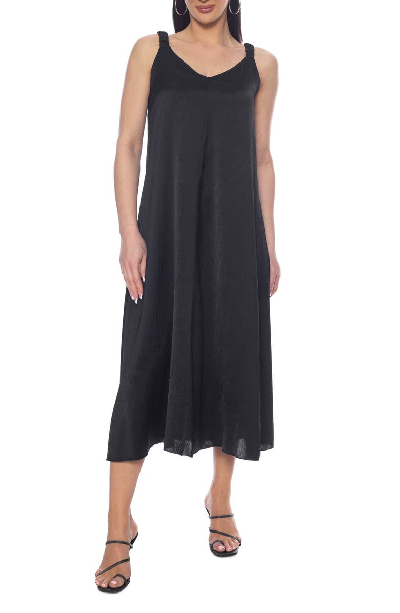 TASH AND SOPHIE Ruched Strap V-Neck Midi Dress, Main, color, Black